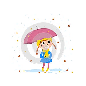 Children under the umbrella. Autumn rainy day. Vector illustration of a cartoon design