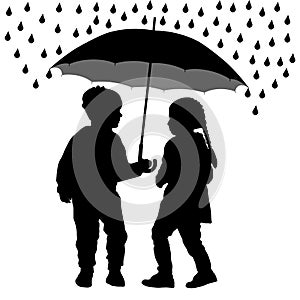 Children under the umbrella are hiding from the rain, silhouette vector.