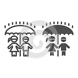 Children under umbrella line and solid icon, 1st June children protection day concept, Boy and girl standing in rain