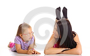 Children upbringing.Mother talking with daughter isolated