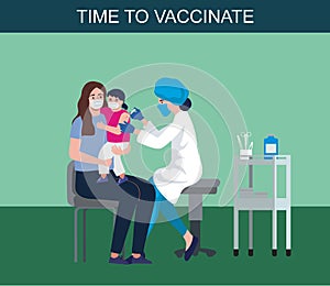 Children vaccination concept for immunity health. Doctor pediatrician makes an injection of flu vaccine to a kid in hospital.