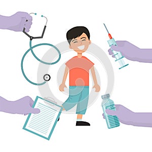 Children vaccination concept. Medical immunization with vaccine for child vector illustration. Happy healthy boy