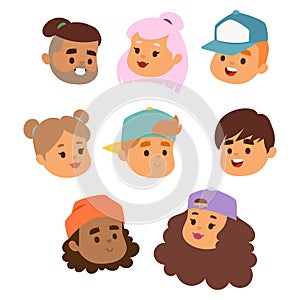 Children vector face portrait kids character girls or boys face with hairstyle and cartoon person with various skin tone