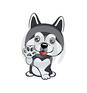 Children vector illustration of funny little Sitting puppy dog raised his front paw and looking up. cheerful puppy with a raised p