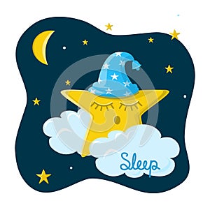 Children is vector illustration with a sleeping star in a night cap in the middle of the night starry sky and the moon.