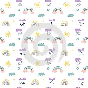 Children vector scandinavian seamless pattern clouds, rain, sun and rainbow