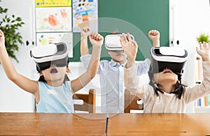 Children with virtual reality headset