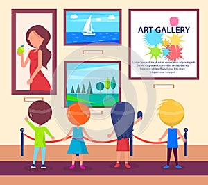 Children Visiting Art Gallery and Look at Pictures