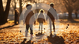 Children Walking on Autumn Leaf-Covered Path.