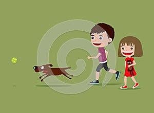Children walking with the dog. Cartoon illustration