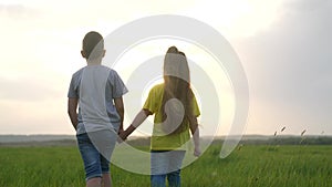 children walking friendship a in the park. boy and girl are holding hands walking on the grass in the park at sunset