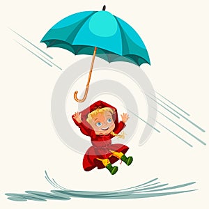Children walking under raining sky with an umbrella, drops of rain are dripping into puddles, raining kid girl in