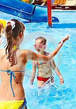 Children on water slide at aquapark.