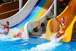 Children on water slide at aquapark.