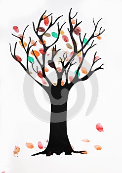 Children watercolor painting, autumnal tree with falling leaves