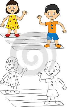 Children waving at each other coloring page