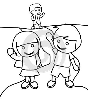 Children waving at each other coloring page