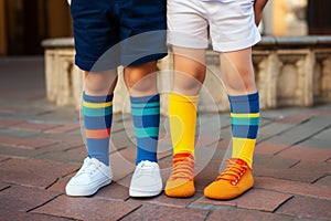 Children wearing different pair of socks and sneakers standing outdoors. Kid foots in mismatched socks. Odd Socks day