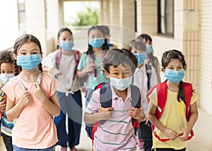 Children wearing  face medical mask back to school after covid-19 quarantine