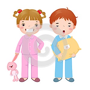 Children wearing pajamas and getting ready to sleep photo