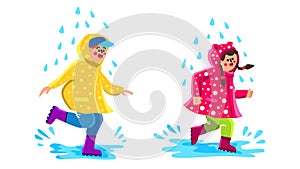 Children Wearing Raincoat Walking Puddles Vector Illustration