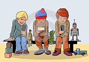 The children went for a walk. Interested in nothing but the Internet and social networks. Vector illustration