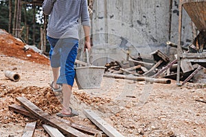 Children who work hard on the construction site, child labor , World Day Against Child Labour concept