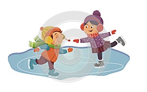 Children in the winter park. Cartoon boy and girl skating on the ice of a frozen river. Cute kids learn to skate in