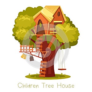 Children wooden house on oak. Tree with ladder and kid tree-house. photo