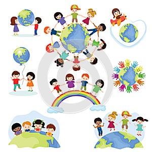 Children world vector happy kids on planet earth in peace and worldwide earthly friendship illustration peaceful