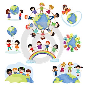 Children world vector happy kids on planet earth in peace and worldwide earthly friendship illustration peaceful photo