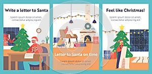 Children Write Letter to Santa Claus Cartoon Banners. Little Boys and Girls Characters Wear Red Hats Writing Wish List