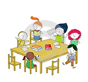 Children write and read, sitting at the table.