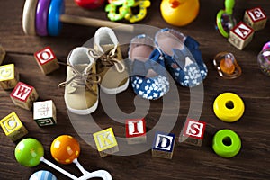 Children's World toy on a wooden background.