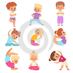 Children yoga. Cute kids yoga poses collection, happy flexible boys and girls in lotus meditation position, asana and