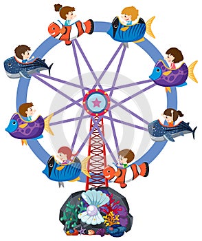 Childrend riding on ferris wheel with fish carts photo