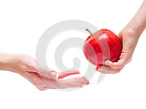 Childrengiving an apple to woman