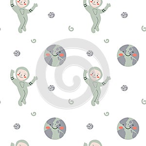 Childrens adventure pattern with cosmic objects and galaxy elements, cute planets.