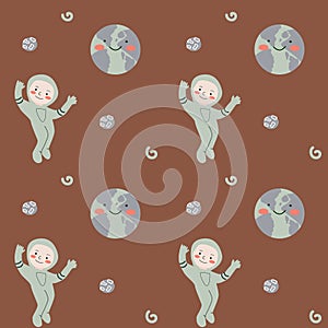 Childrens adventure pattern with cosmic objects and galaxy elements, cute planets.
