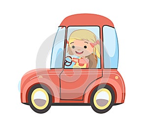 Childrens car. Kid girl rides on funny retro automobile. Toy vehicle. With a motor. Cute passenger auto. Isolated on