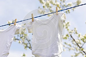 Childrens clothes hanging on clothes line among blooming apple trees in garden