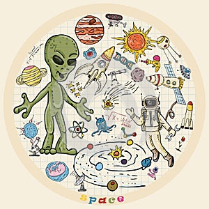 Childrens colored drawings_3_on the space theme, science and the emergence of life on earth, in the style of Doodle