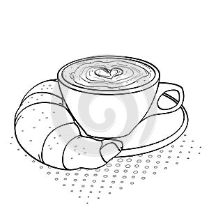 Childrens coloring, black lines and white background, breakfast, coffee with cream and croissant. Vector