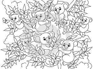 Childrens coloring, a lot of panda bears among the trees. Family of wild animals.