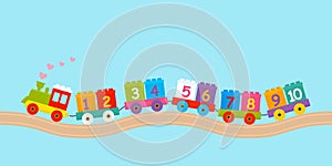 Childrens constructor train with trailers with numbers from 1 to 10. the concept of preschool education