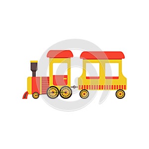 Childrens cute cartoon toy cargo train, yellow railroad toy with locomotive vector Illustration on a white background