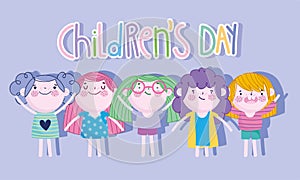 Childrens day, cartoon group girls and funny lettering calebration