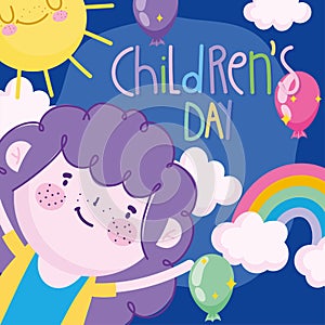 Childrens day, greeting card girl rainbow balloons sun clouds cartoon