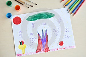Childrens drawing: Magic world. Fantasy. Unusual colorful flowers, trees