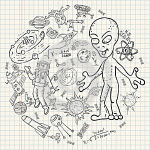 Childrens drawings coloring_1_pages on space theme, science and the emergence of life on earth, in the style of Doodle